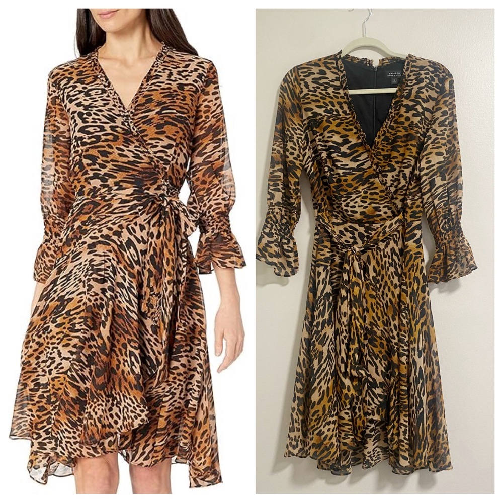 Tahari ASL Long Sleeve Surplice Leopard Print Dress with Tie Waist Size 8
